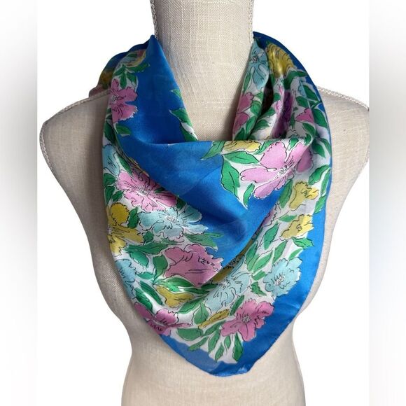 Boutique Blue Floral Silky Shawl Wrap Scarve - Picture 1 of 7